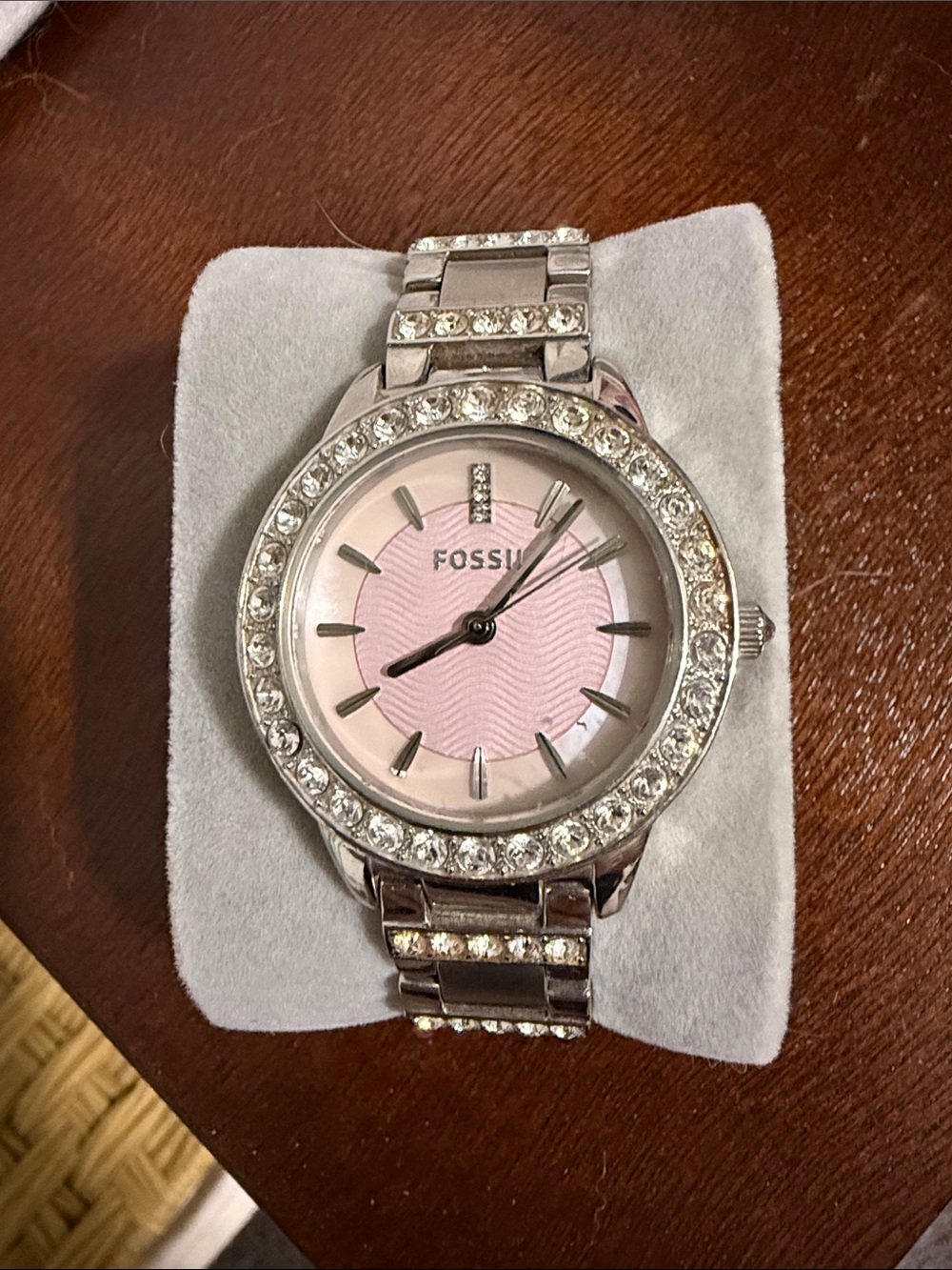 Fossil Silver Bracelet Watch with Pink Dial and Crystal Accents